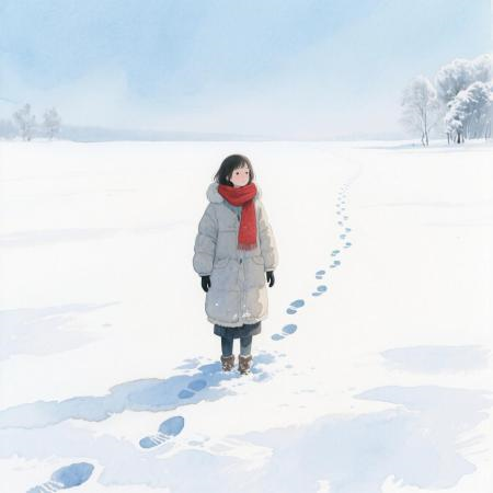 通义千问生成的示意图：一个戴着红色围巾的女孩站在雪地里，身后是一串通向远方的脚印。